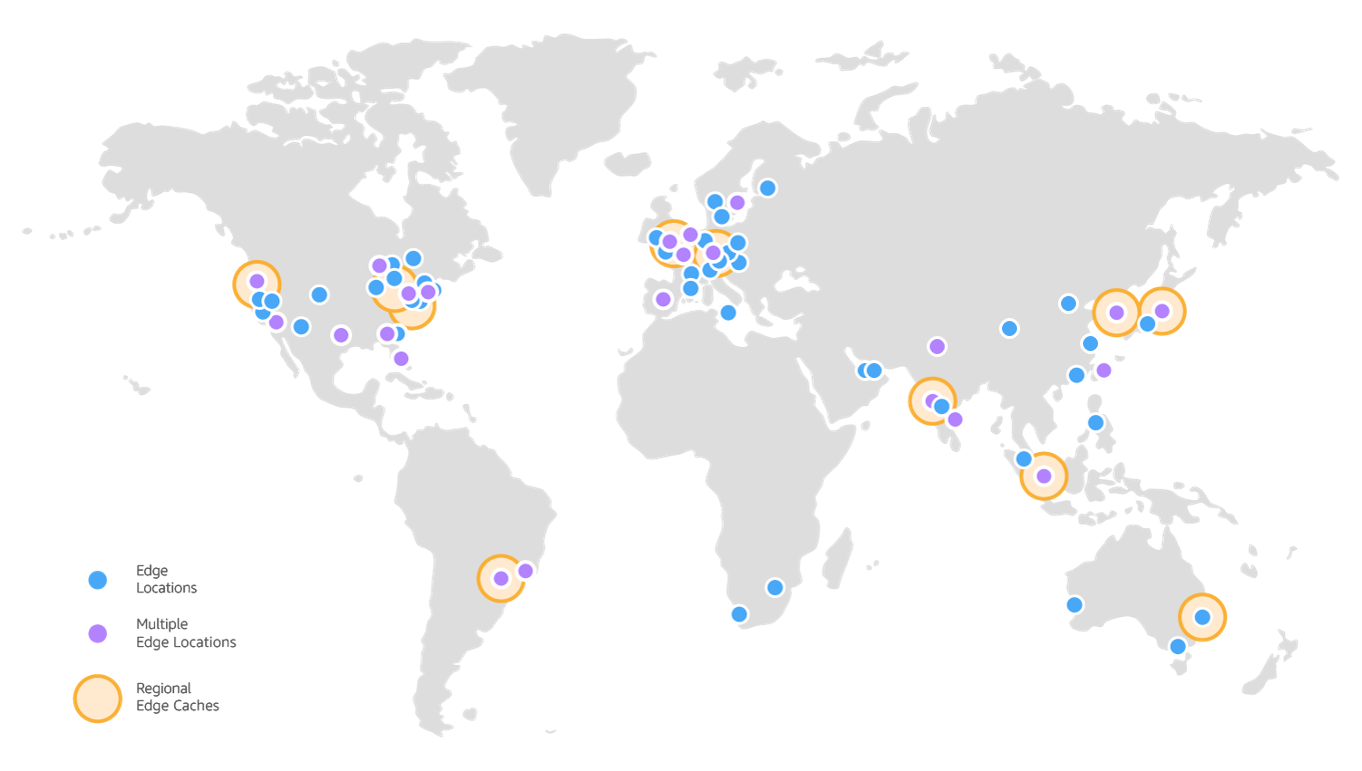 A map of the world showing the CloudFront edge locations. The locations are spread all over the world, with large clusters in the US and Europe, and a handful spread around South Asia.