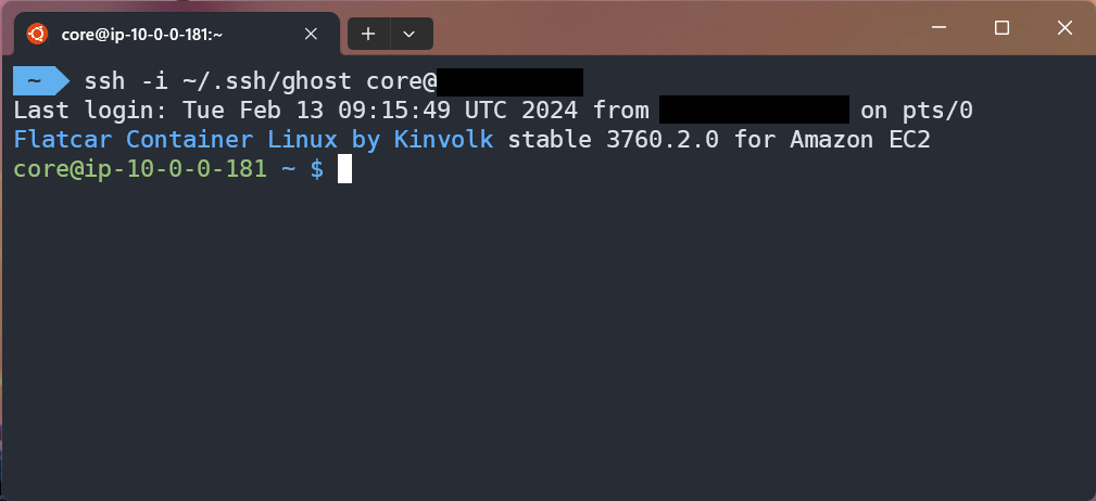 An SSH terminal, showing the SSH command used to connect, and the session on the remote server with the header "Flatcar Container Linux by Kinvolk stable 3760.2.0 for Amazon EC2". The user is "core@ip-10-0-0-181". The public IP addresses have been redacted.