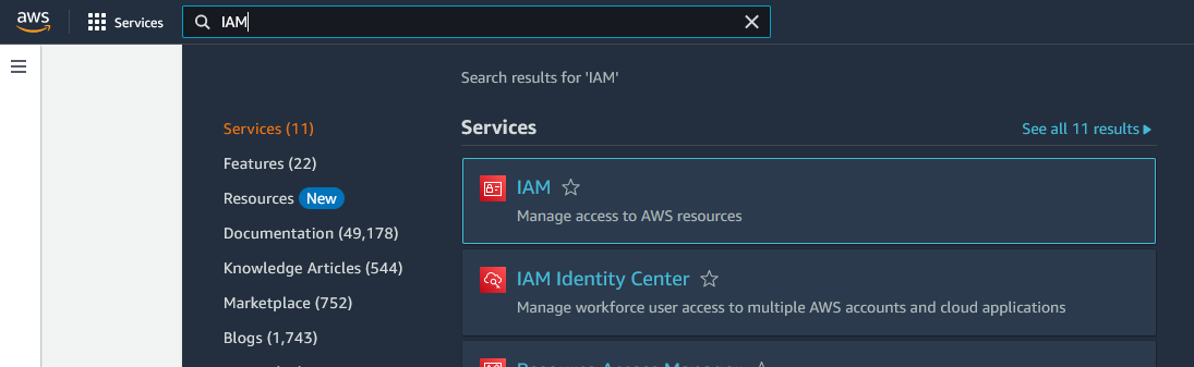 The AWS console, with 'IAM' typed into the search bar, showing the results which includes a highlighted link to the IAM console